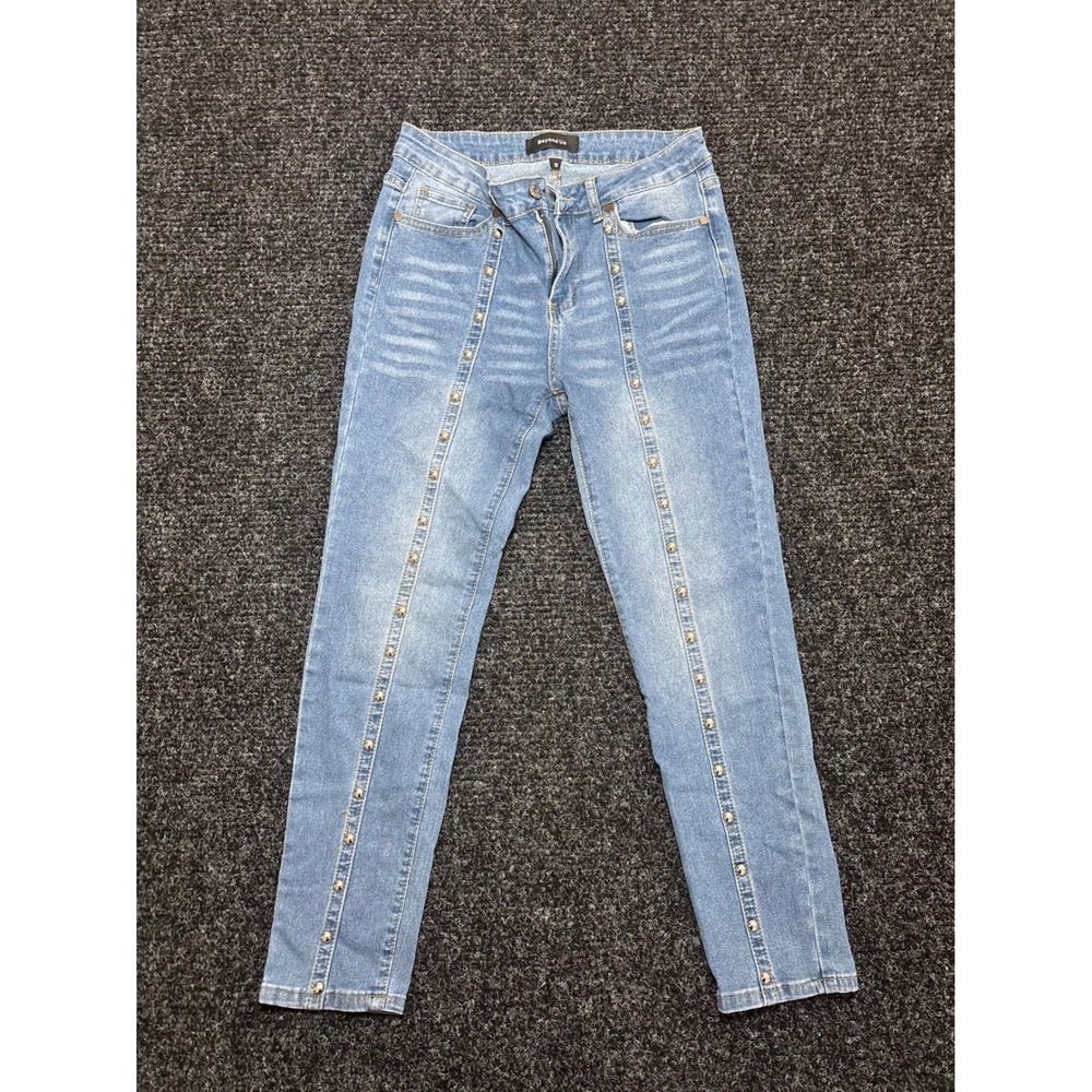 Beyond Us Women Studded Front Seam Light Wash Slim Jeans Size 10 Blue Denim